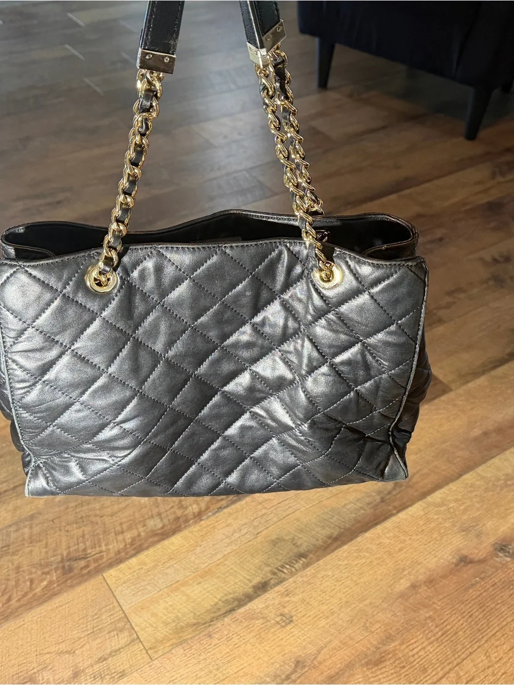 Michael Kors Black Quilted Leather Chain Tote Shoulder Bag Large